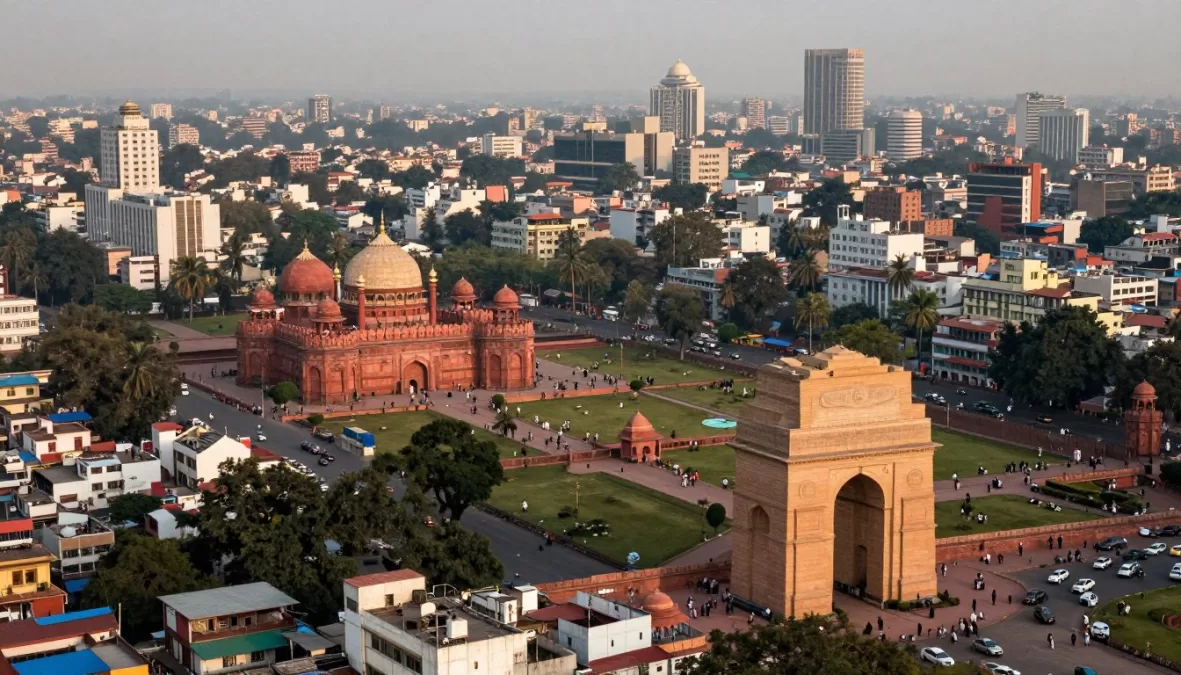 Delhi's urban landscape showing a mix of historical monuments and modern development, representing India's largest urban center