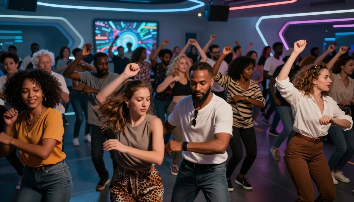Diverse crowd dancing to funk music in a futuristic venue, representing the enduring appeal of the genre