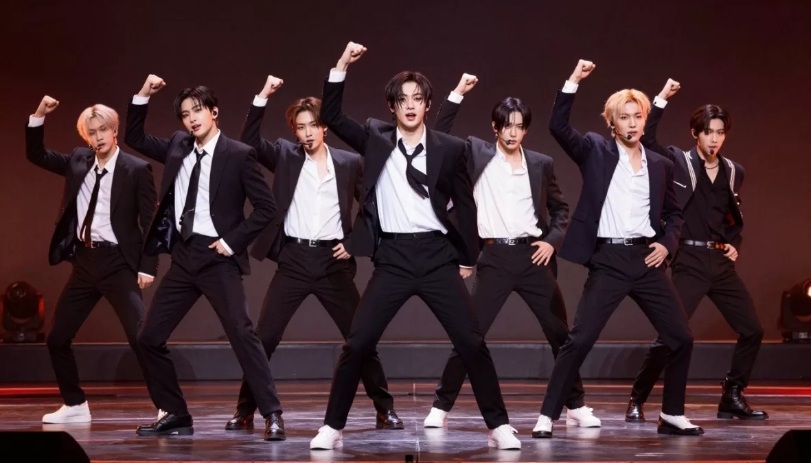 ENHYPEN performing with their signature synchronized choreography, ranked #8 in top 10 kpop groups 2026