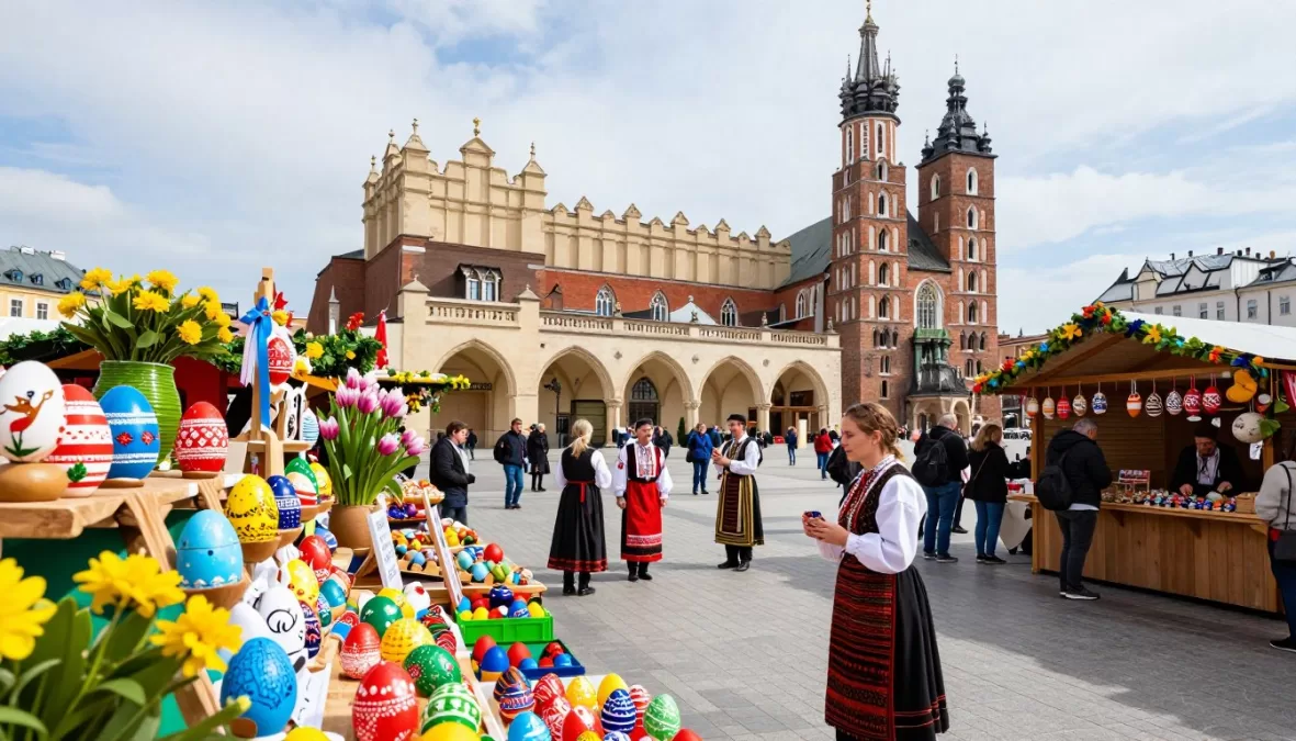 Easter Market in Krakow's Main Square with traditional decorated eggs (pisanki) and folk performances for Easter in Europe 2026