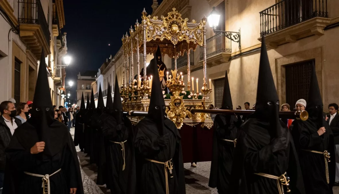 Easter procession during Semana Santa in Seville, Spain with hooded penitents carrying elaborate floats through narrow streets for Easter in Europe 2026
