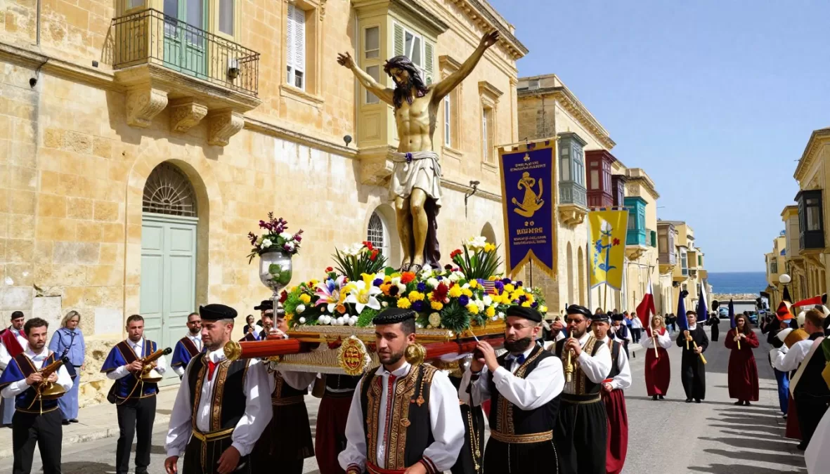 Easter procession in Valletta, Malta with statue of the Risen Christ being carried through decorated streets for Easter in Europe 2026