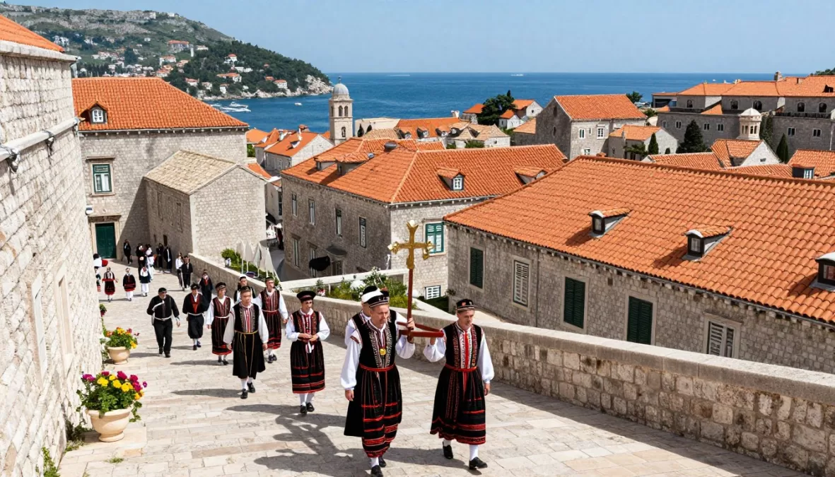 Easter procession through Dubrovnik's walled Old Town with participants in traditional costumes along the Adriatic coast for Easter in Europe 2026