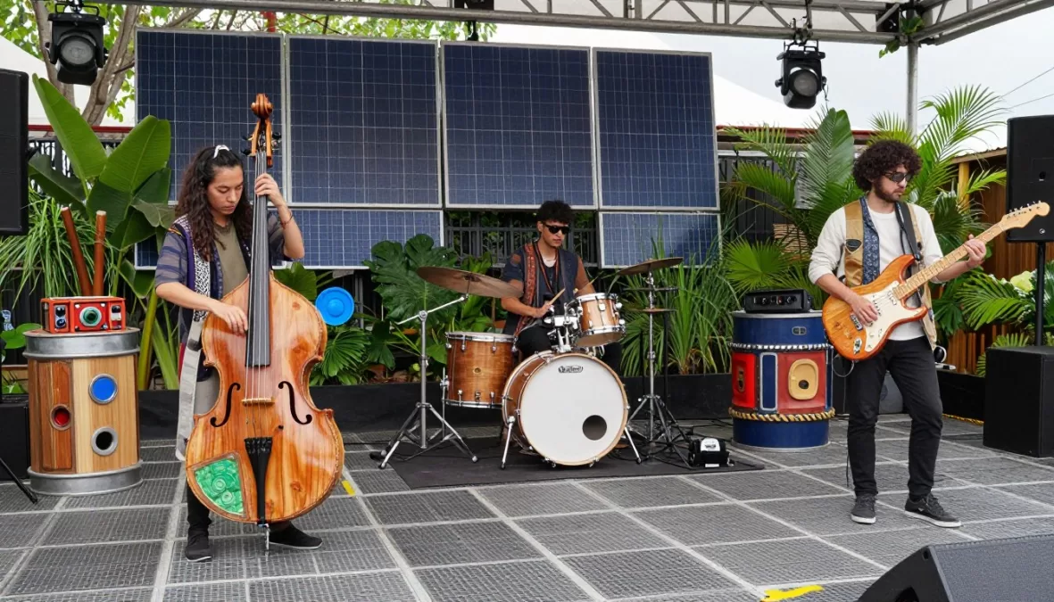 EcoFunk Ensemble performing with sustainable instruments made from recycled materials