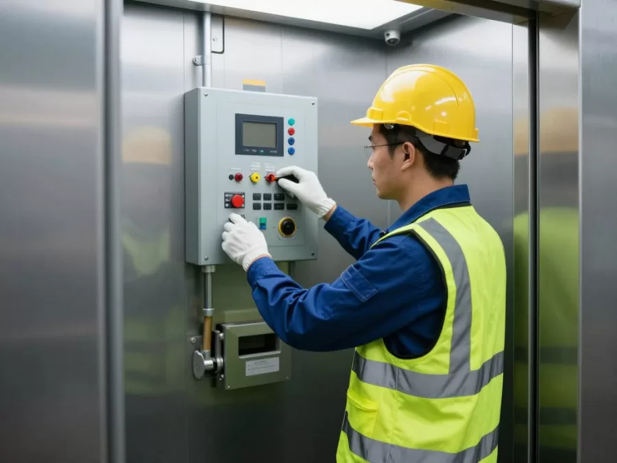 Elevator technician working on elevator machinery