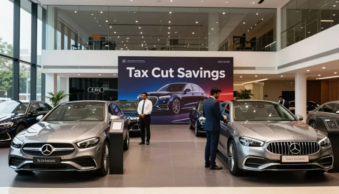 European luxury cars showroom in India with tax cut promotion