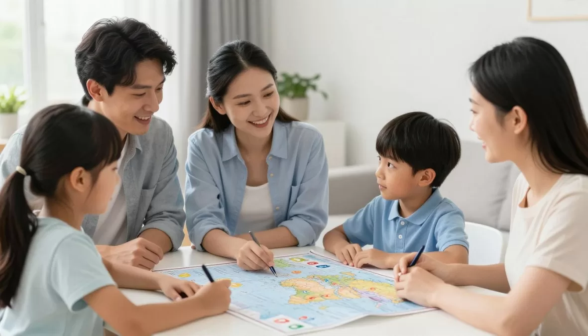 Family considering relocation factors with a world map and checklist