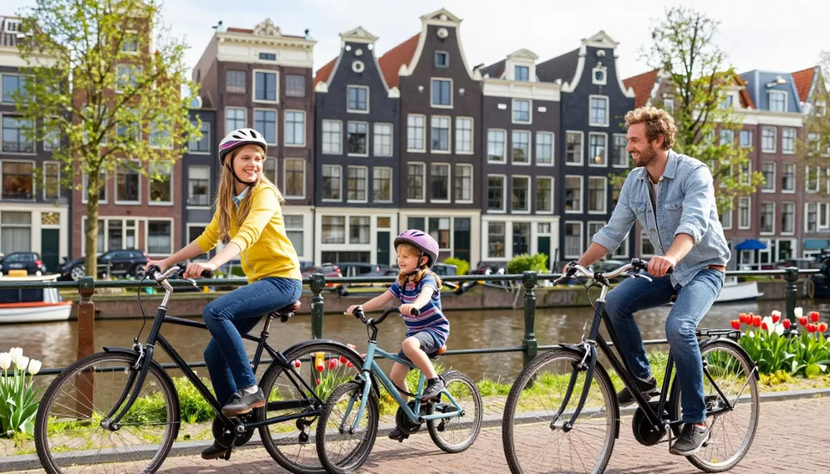 Family cycling along Amsterdam canals with traditional Dutch houses in the background