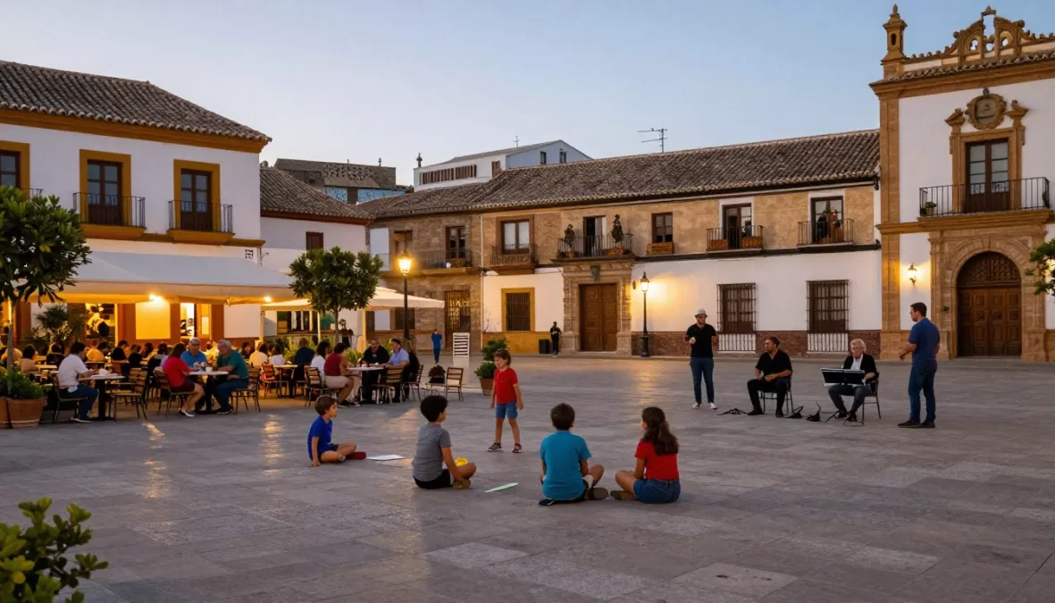Family enjoying Spanish plaza life with children playing and parents socializing