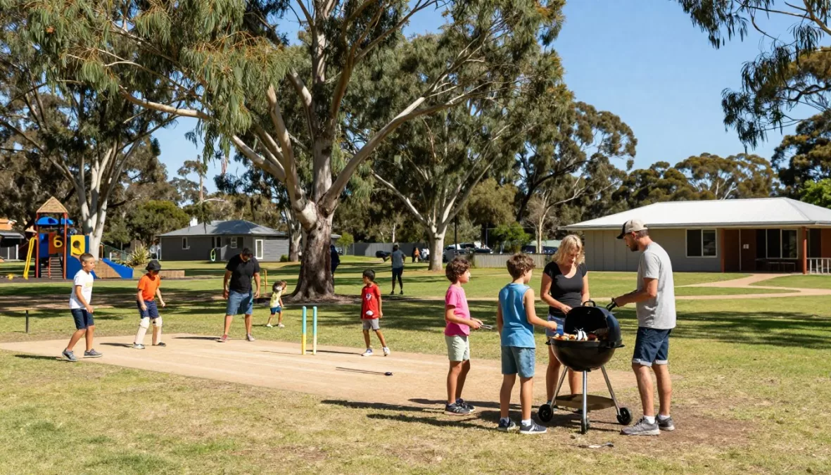 Family enjoying outdoor barbecue in Australian park with diverse community