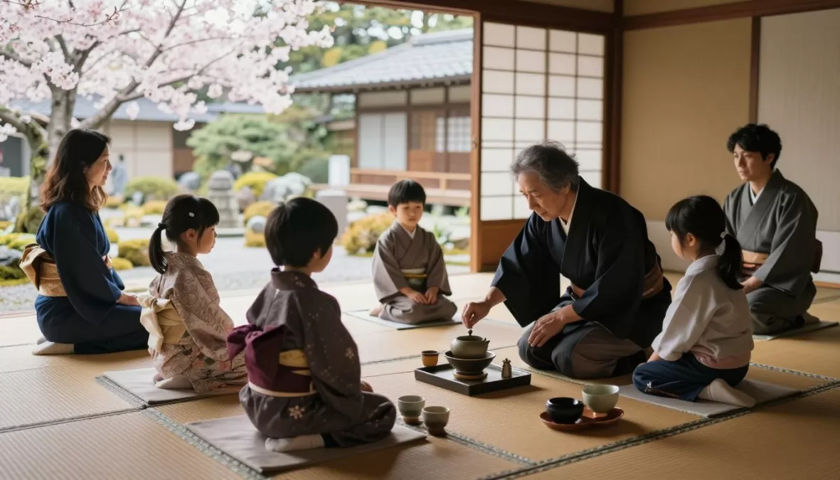 Family experiencing Japanese culture with children participating in traditional activities