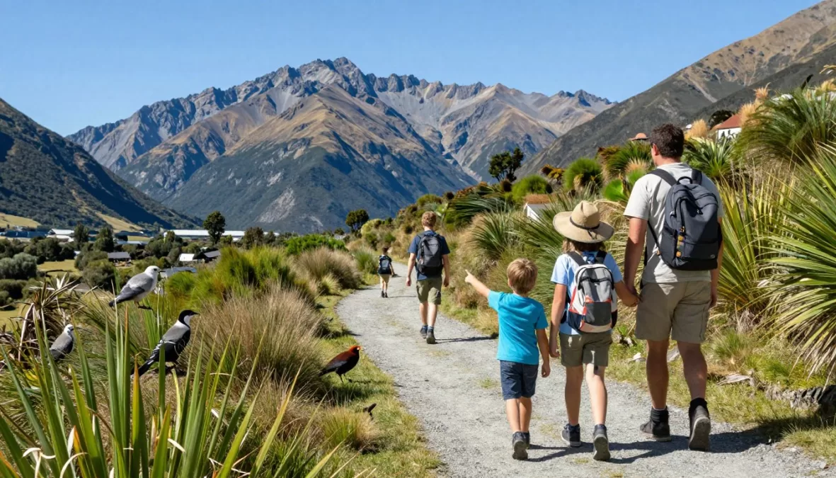 Family hiking in New Zealand's natural landscape with mountains in background