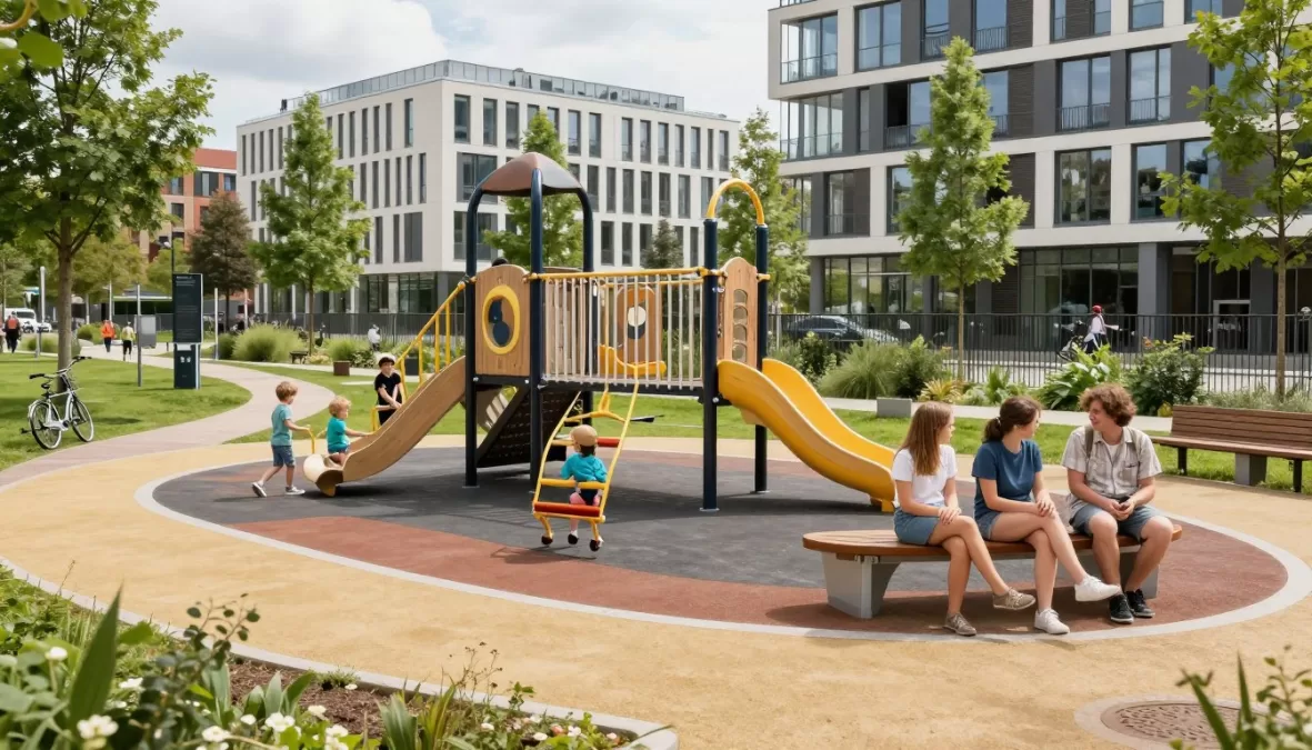 Family in German urban park with children playing on modern playground equipment