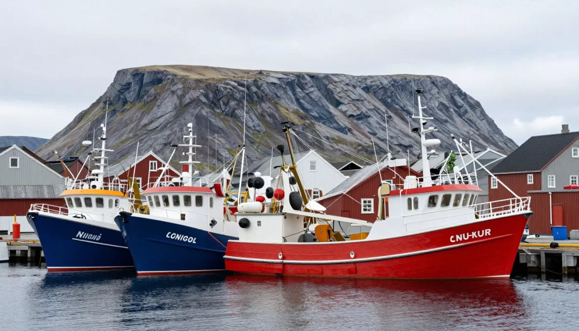 Fishing boats in a Greenlandic harbor, representing the territory's primary industry