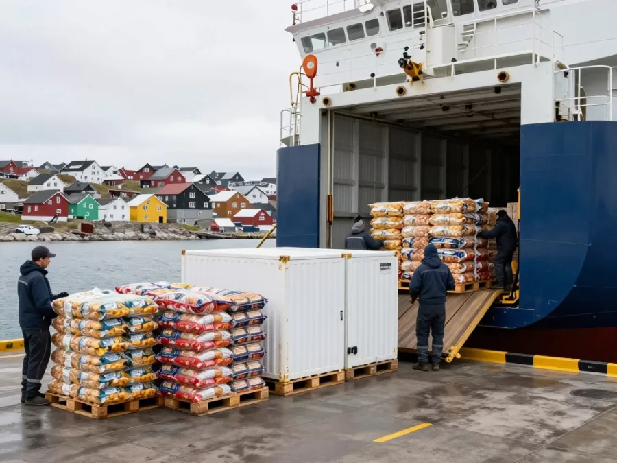 Food products being unloaded at a Greenland port for distribution