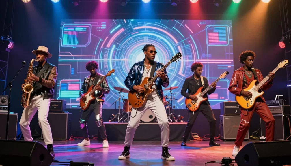 Futuristic funk band performing with holographic elements and advanced instruments, representing the top 10 funk songs of 2026