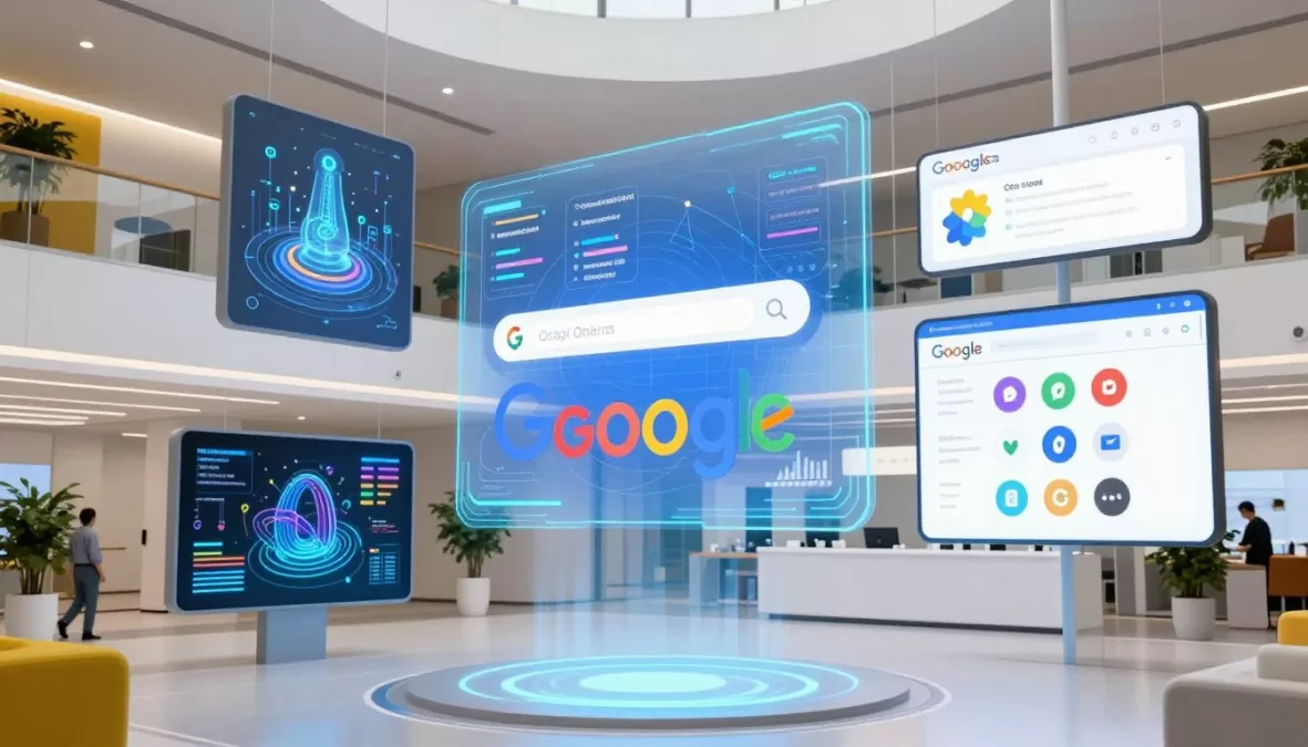 Google campus with AI visualization representing future search technology