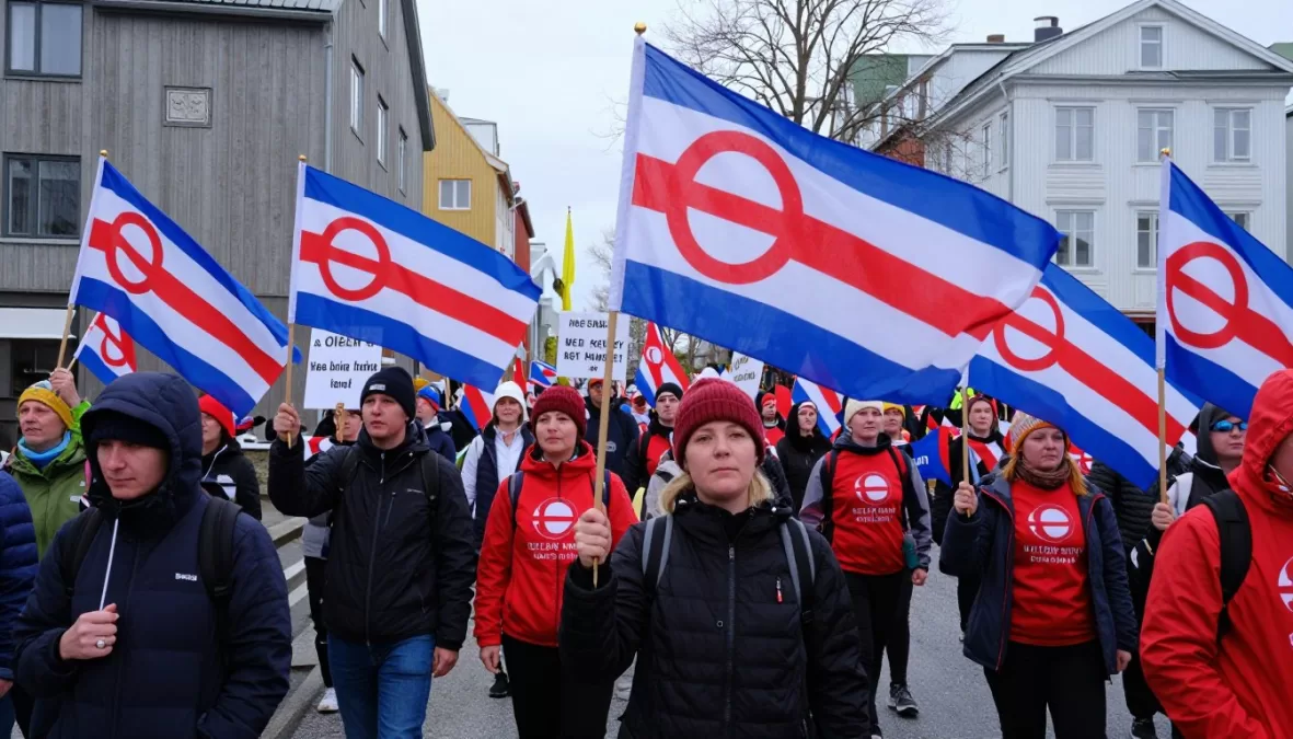 Greenlandic independence rally with people holding flags and signs supporting self-determination