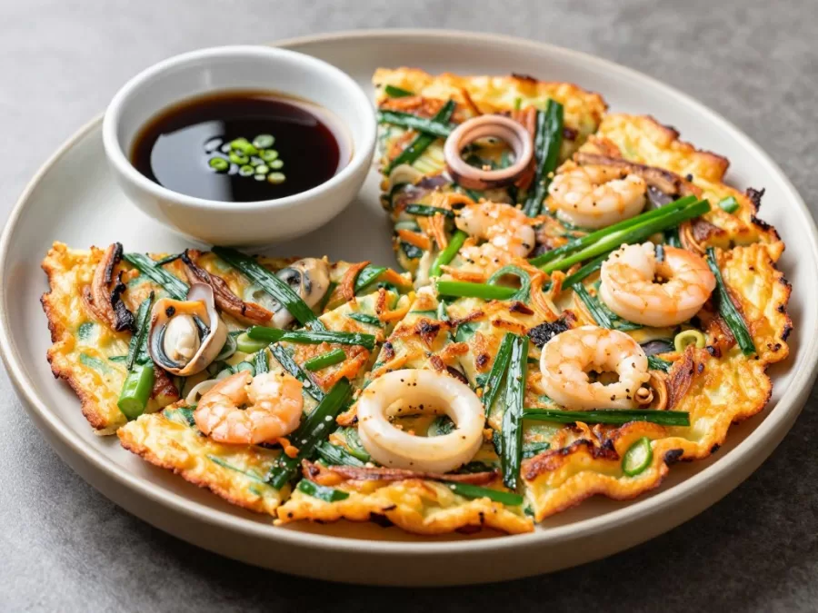 Haemul Pajeon Korean seafood pancake with dipping sauce