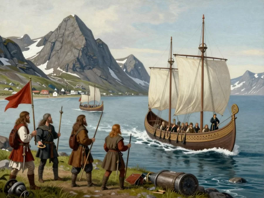 Historical illustration of Norse settlers arriving in Greenland around the 10th century