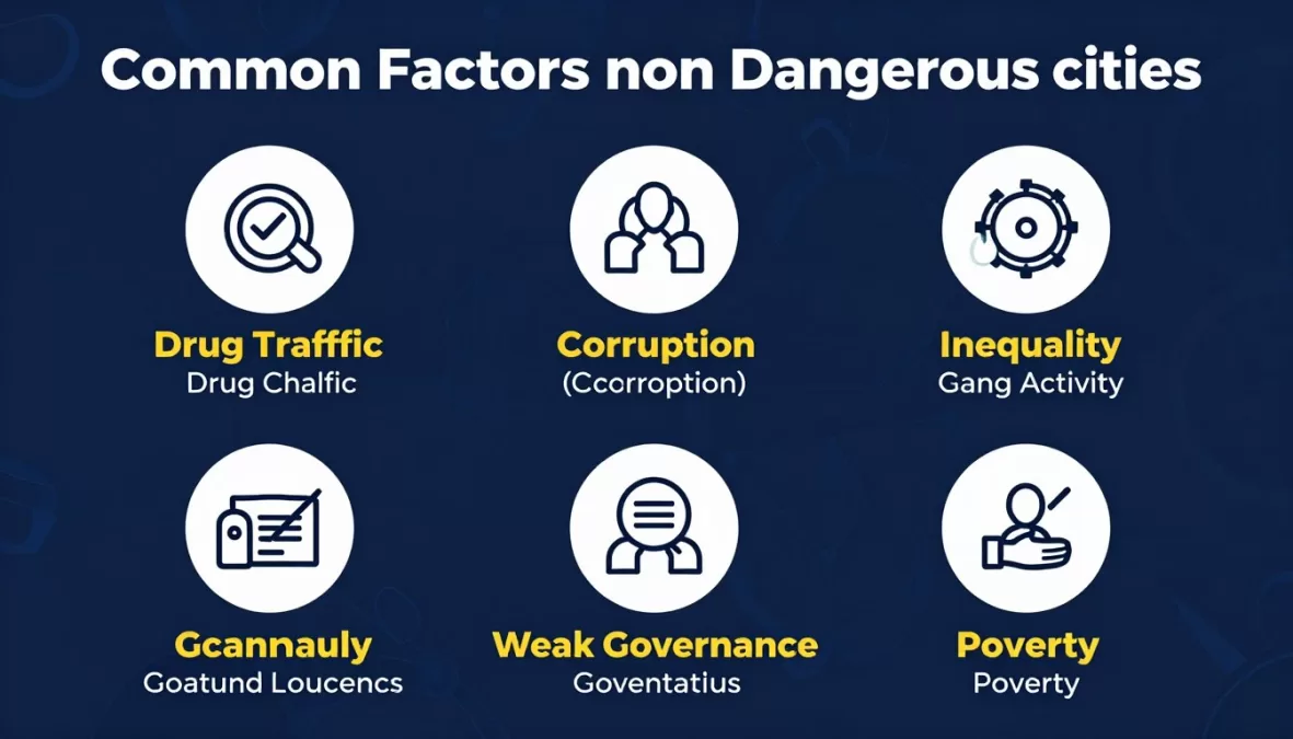 Infographic showing common factors among the most dangerous cities in the world 2026