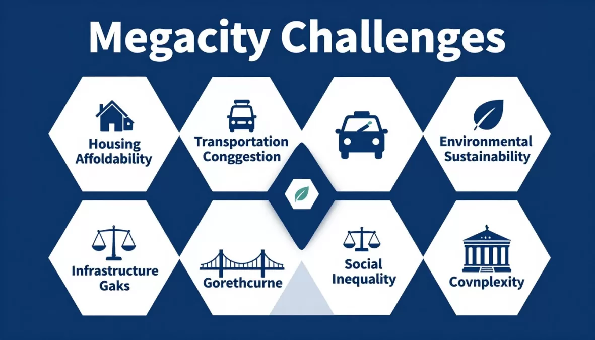 Infographic showing the major challenges facing megacities including housing, transportation, and environmental sustainability