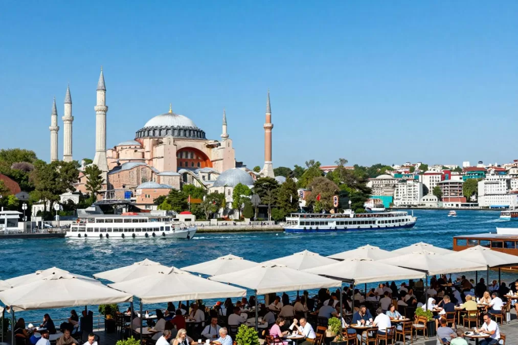 Istanbul's skyline with Hagia Sophia, Blue Mosque and Bosphorus in summer light