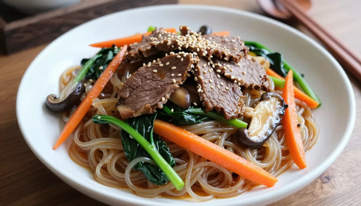 Japchae Korean glass noodles with vegetables and beef