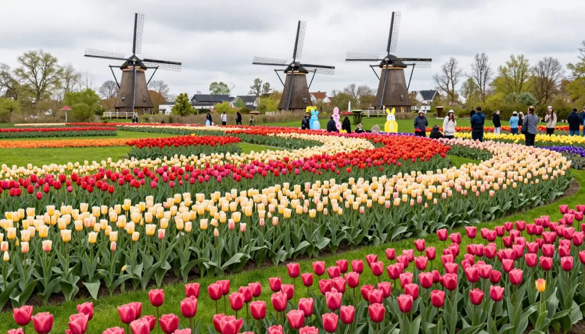 Keukenhof Gardens in full bloom with colorful tulip fields and Easter decorations near Amsterdam for Easter in Europe 2026