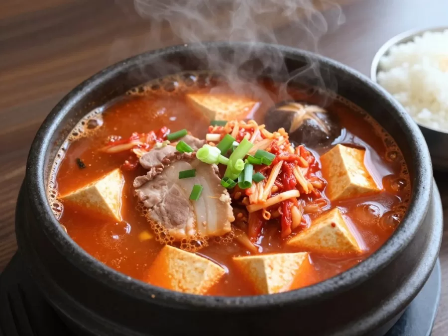 Kimchi Jjigae stew bubbling in a stone pot with tofu and pork
