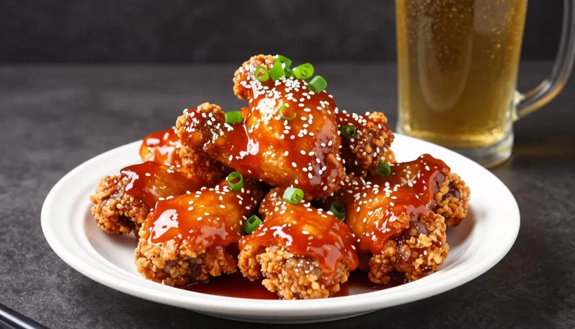 Korean fried chicken with beer (chimaek)