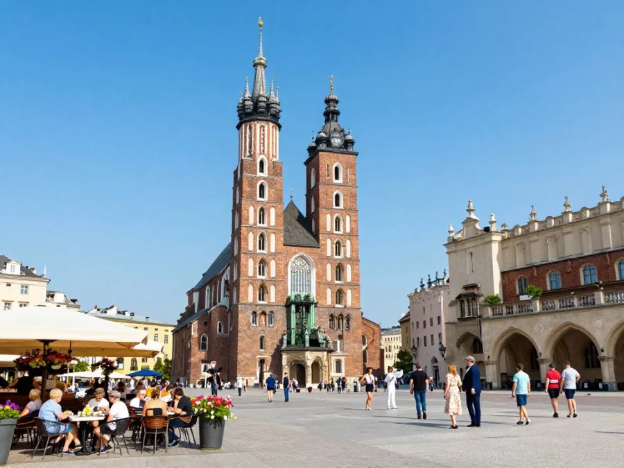 Krakow's historic market square and Vistula riverfront in summer