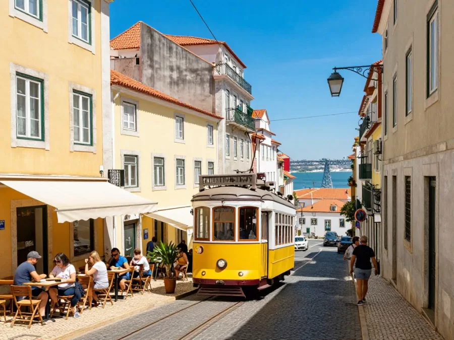 Lisbon's colorful streets, trams and riverfront in summer sunshine