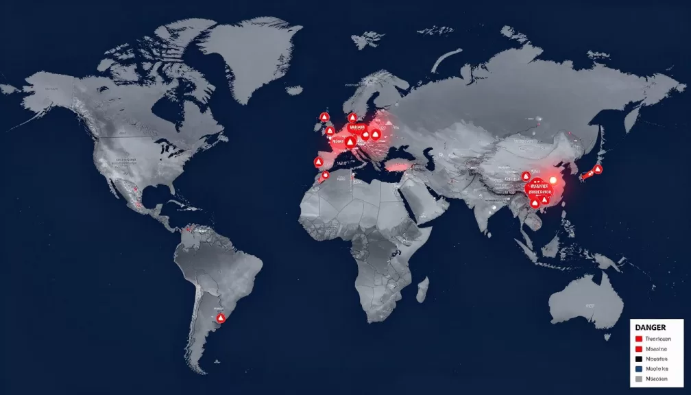 Map highlighting the most dangerous cities in the world 2026 with danger indicators