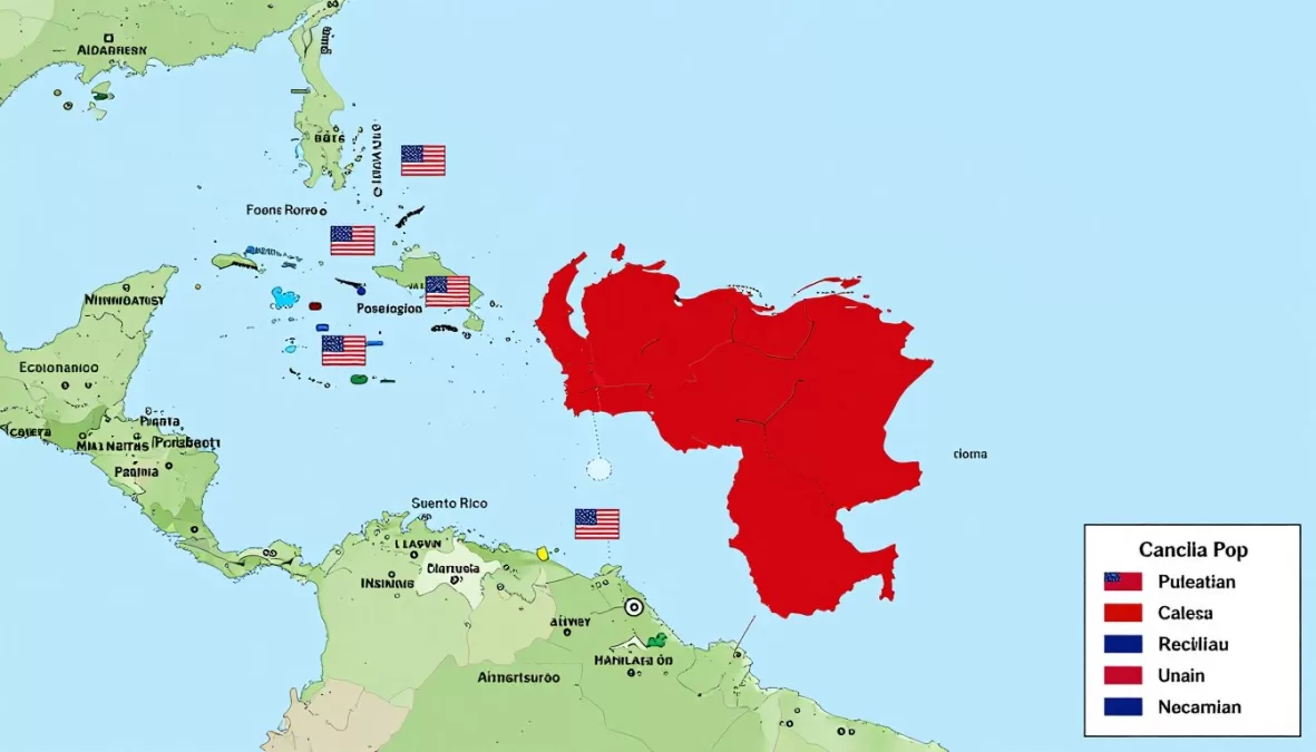 Map showing US military presence in the Caribbean near Venezuela for Venezuela vs USA military comparison
