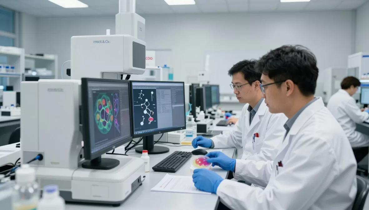 Merck & Co oncology research laboratory with scientists working on cancer treatments