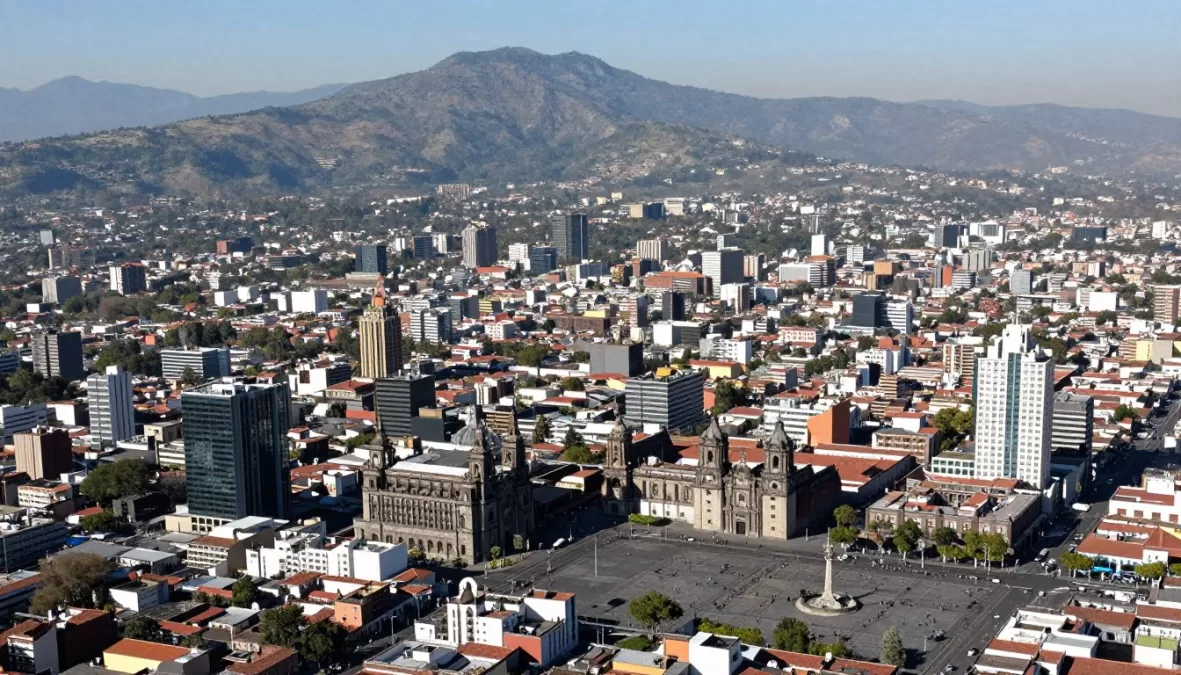 Mexico City's urban expanse with historic center and surrounding mountains, showing North America's largest urban area
