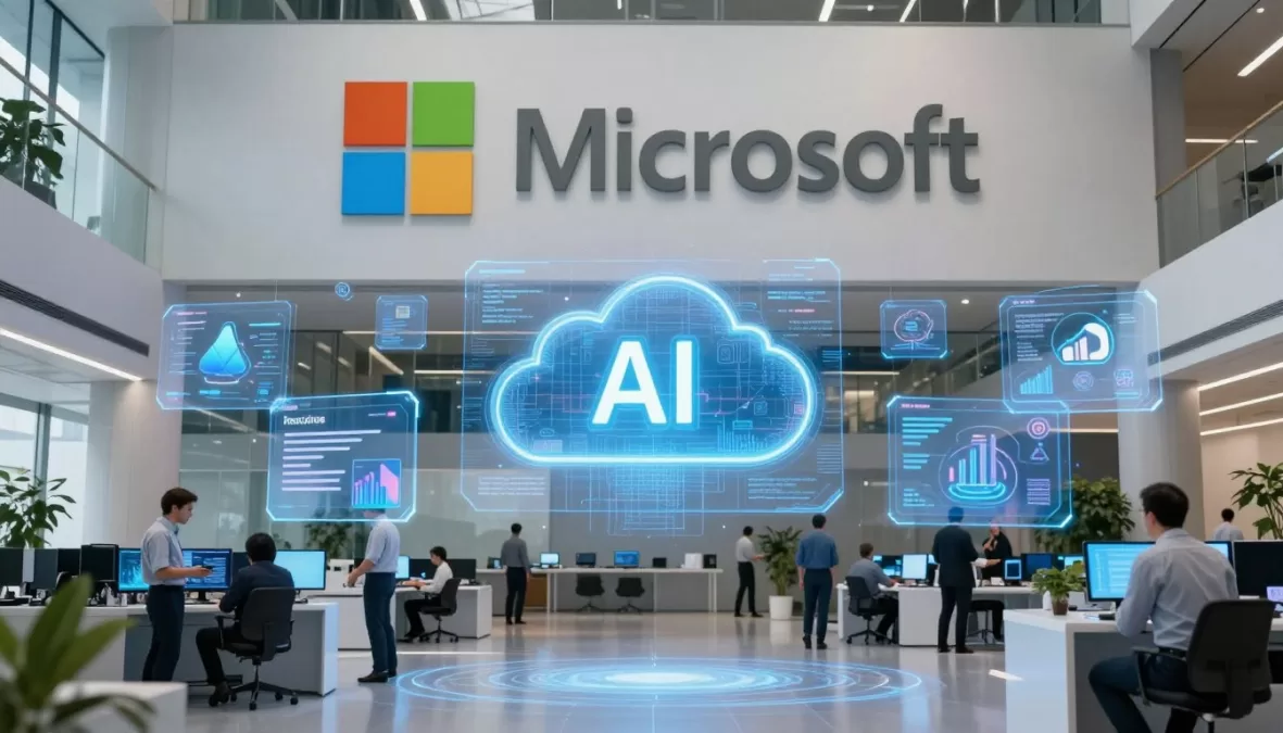 Microsoft campus with visualization of cloud and AI services for 2026