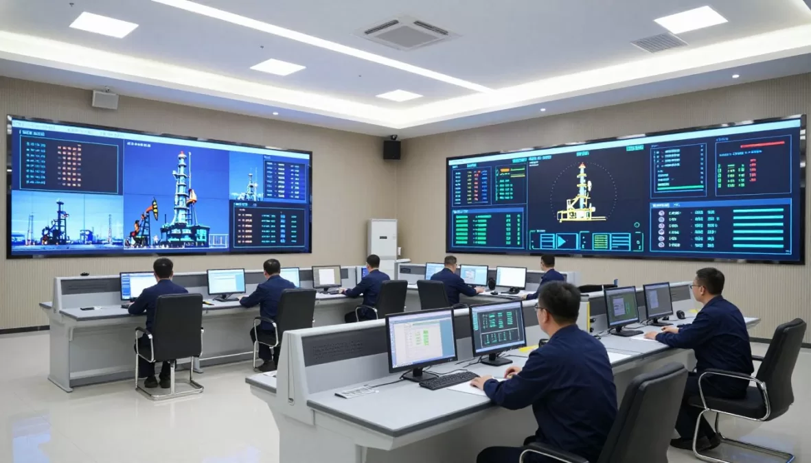 Modern oil production facility with digital monitoring systems representing the future of oil production among top oil producing countries in 2026