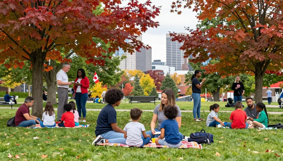 Multicultural family enjoying outdoor activities in a Canadian park