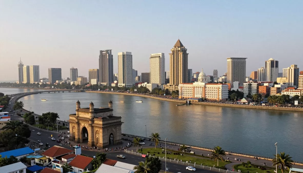 Mumbai's skyline with the iconic Gateway of India and high-rise buildings, showing India's financial capital