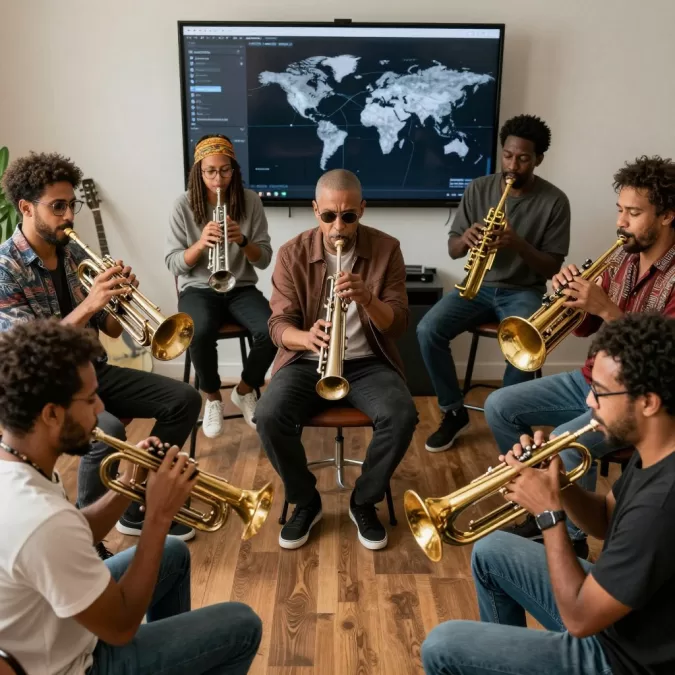 Musicians from diverse cultural backgrounds collaborating on a funk track, representing global fusion