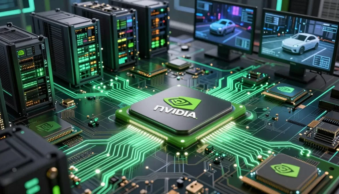 NVIDIA AI chips and data center visualization showing computational power