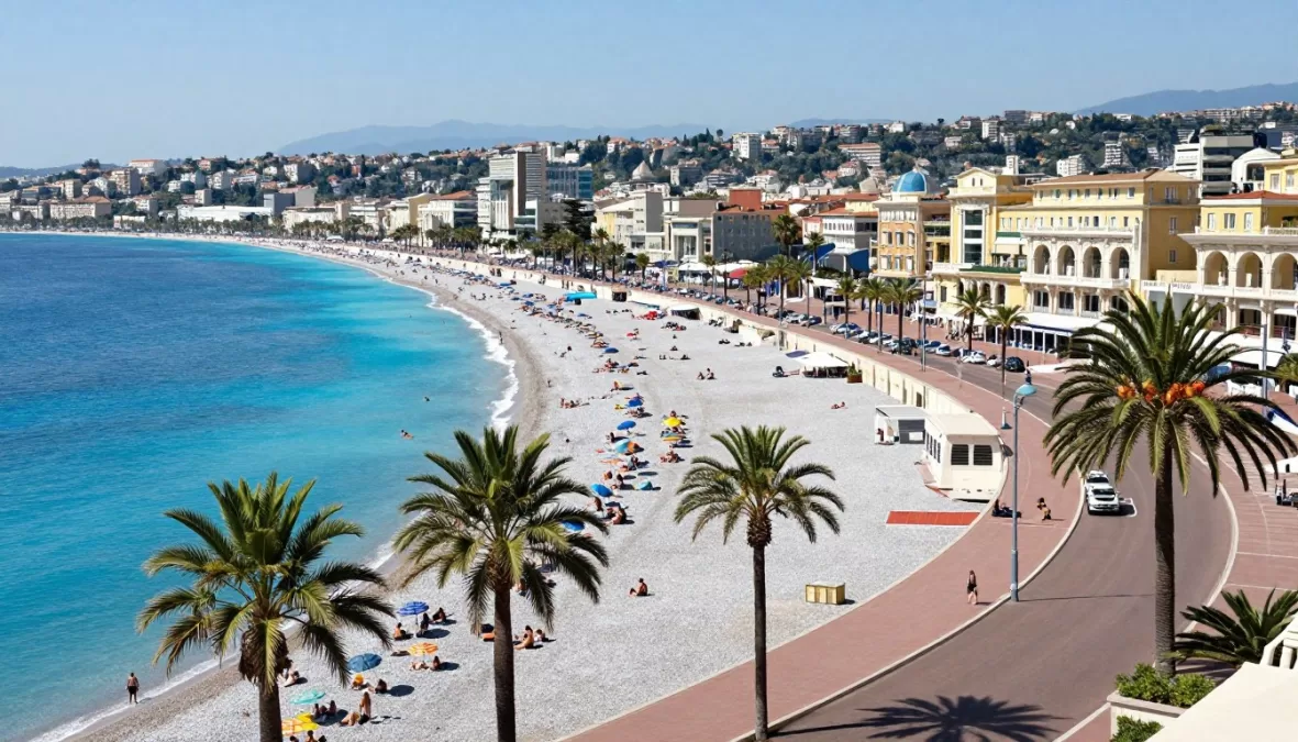 Nice's famous Promenade des Anglais and azure Mediterranean coast in summer