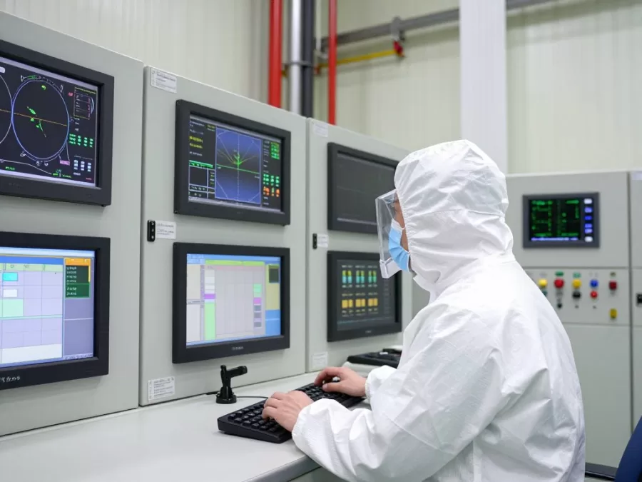 Nuclear technician monitoring equipment in power plant
