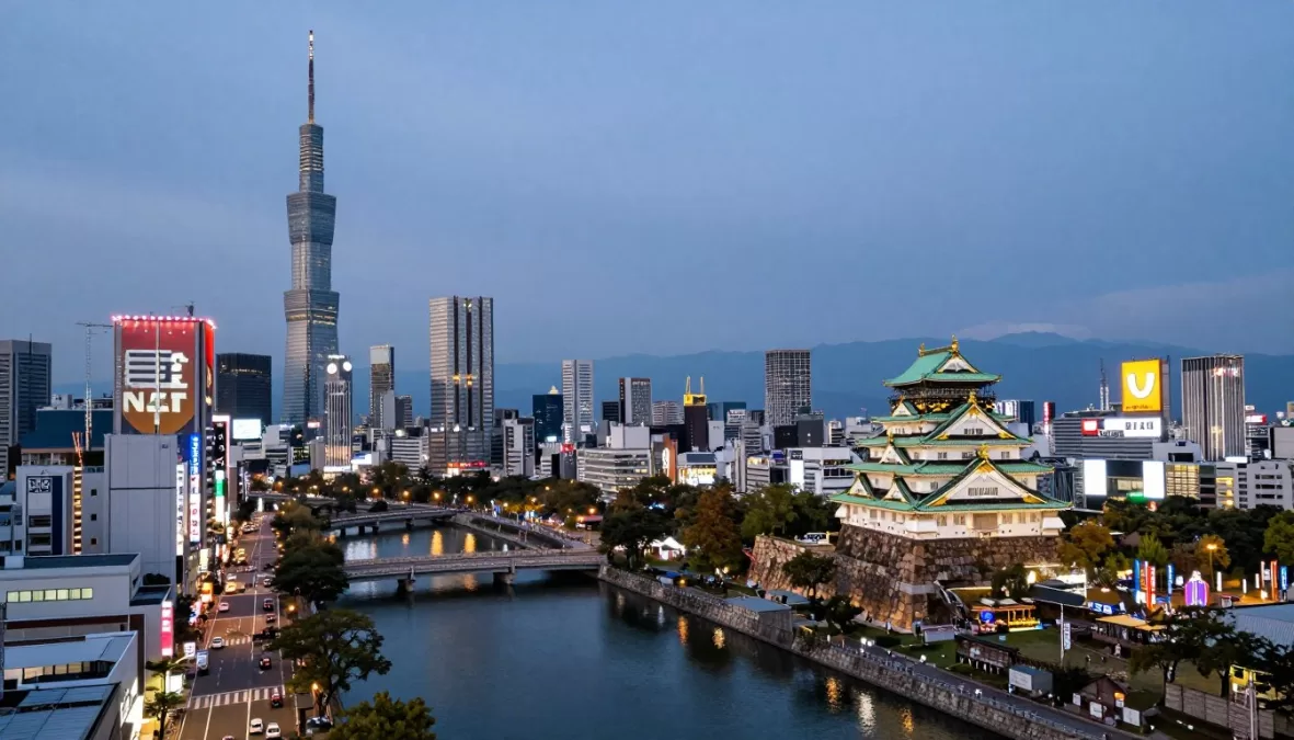 Osaka's urban landscape with its modern skyline, castle, and waterways showing Japan's second largest metropolitan area