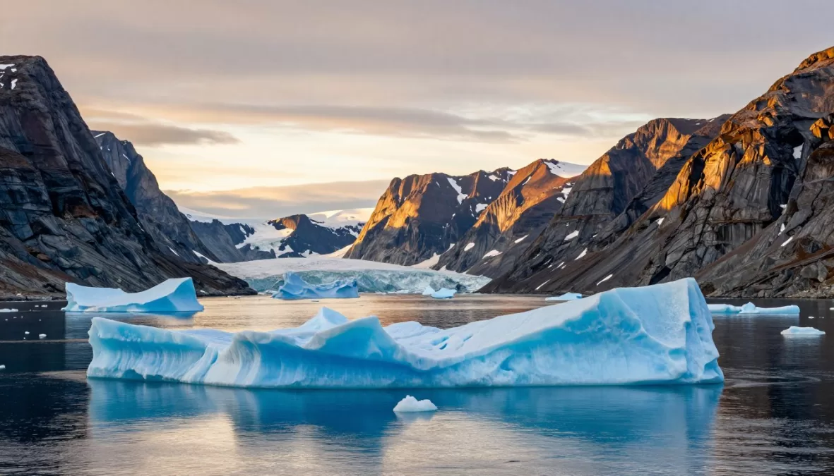 Panoramic view of Greenlandic fjord with icebergs and mountains, symbolizing the territory's natural beauty and unique character