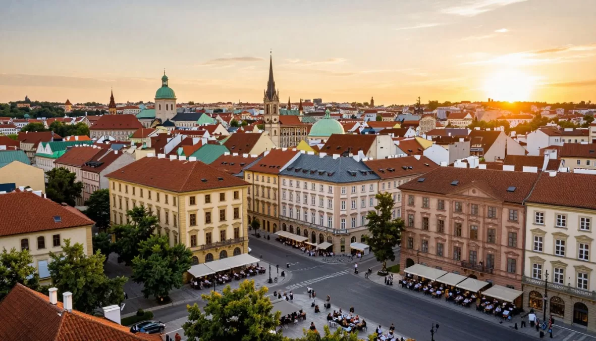 Panoramic view of a European city with summer sunset over historic architecture and outdoor cafes