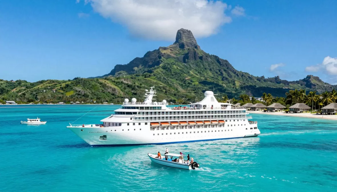 Paul Gauguin ship anchored in turquoise Bora Bora lagoon