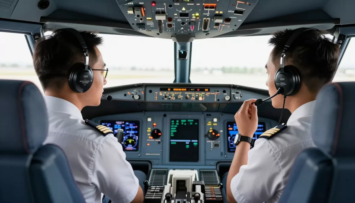 Pilots communicating with air traffic control in cockpit